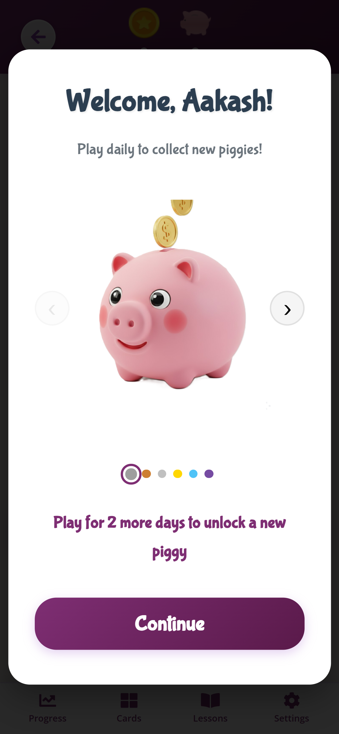 Piggy bank popup showing streak and rewards